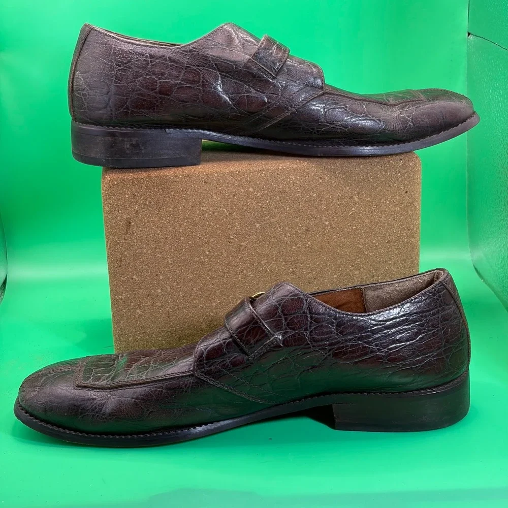 VTG Marco Vicci Monk Strap Leather Loafers Mens 8.5 M Brown Crocodile Dress Shoe